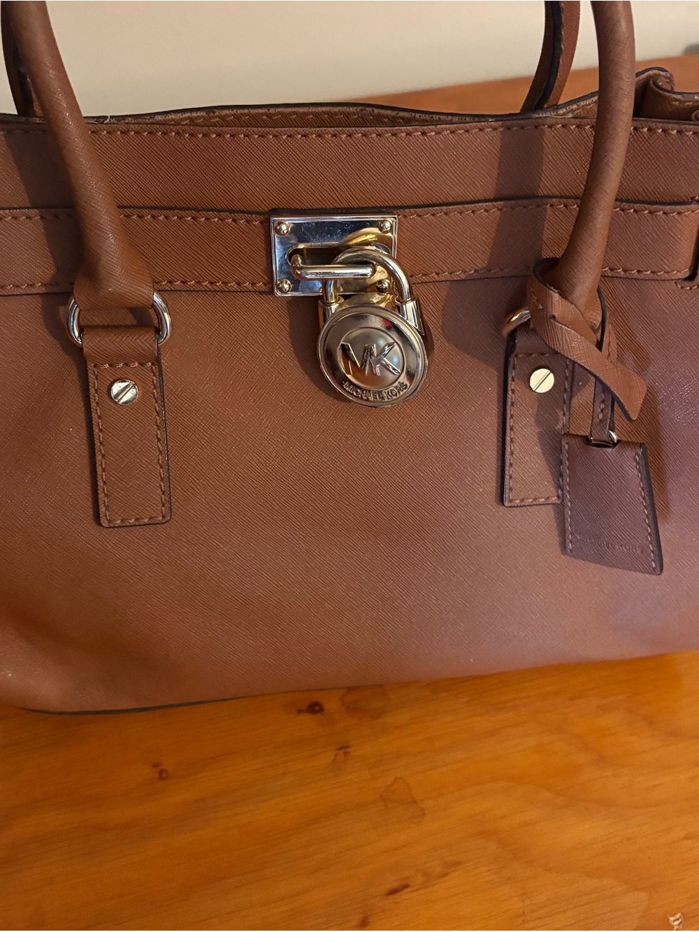 Michael Kors Tan Saffiano Leather Satchel with MK Padlock